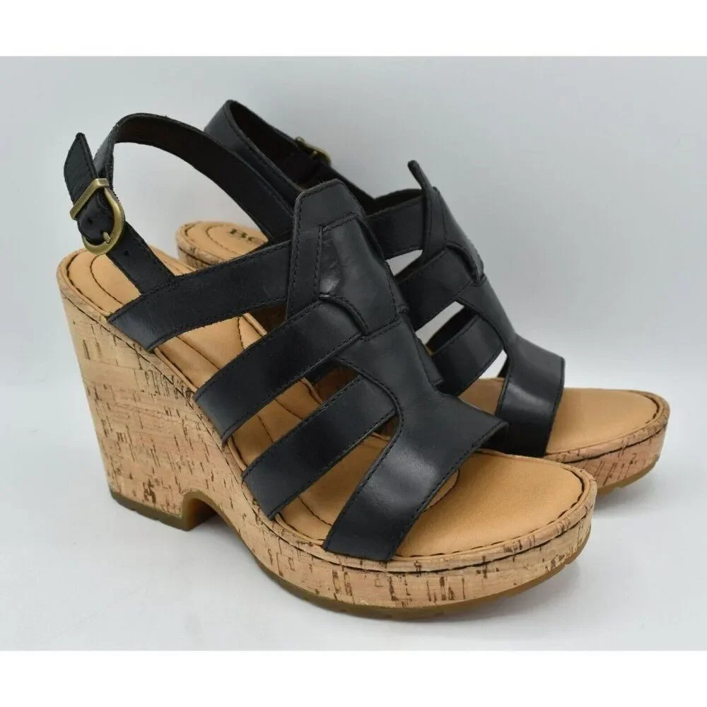 Born Womens Size 9 Bernese Cage Black Leather Wedge‎ Sandals Shoes